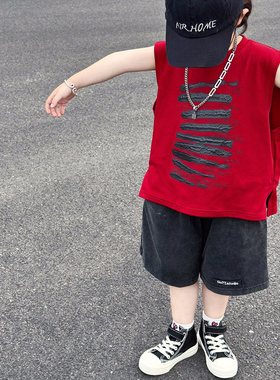 男童纯棉背心夏季薄款潮酷宝宝痞帅气小男孩无袖T恤炸街红色上衣