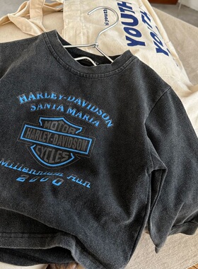 儿童复古做旧黑水洗长袖T恤春装0-6岁男童帅气百搭打底衫内搭上衣