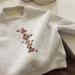 秋冬季中小童宝宝韩系卡通百搭加绒卫衣男女童趣味印花圆领套头衫