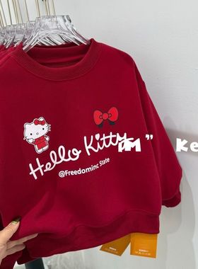 秋冬季儿童韩系洋气可爱百搭加绒卫衣女宝宝时髦圆领红色新年上衣