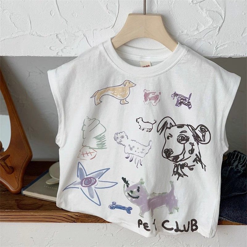 0-6岁男女童卡通狗狗涂鸦印花无袖t恤夏季中小童纯棉休闲背心上衣