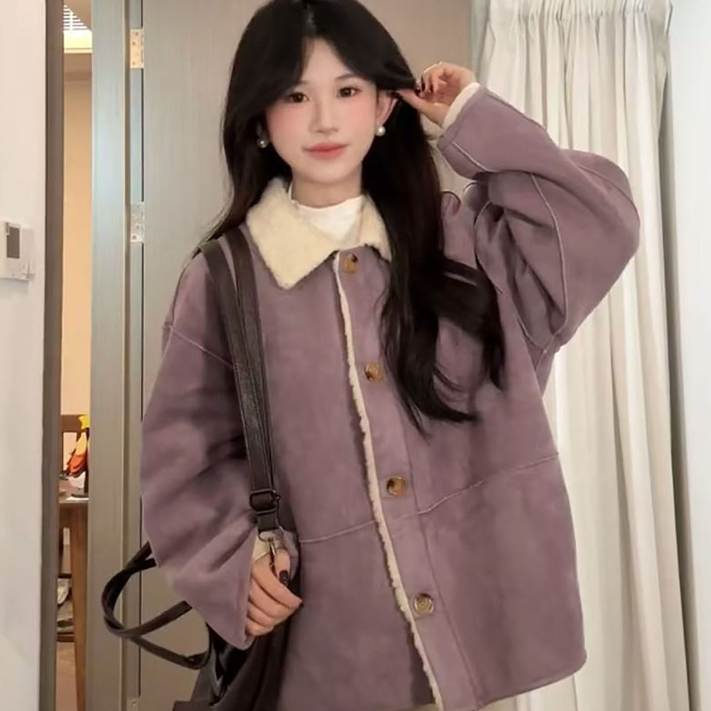 韩系皮毛一体羊羔毛棉服外套女冬