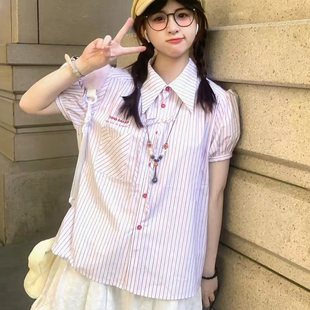 条纹短袖衬衫女款夏季miu系小个子甜美学院风薄款蝴蝶结休闲上衣