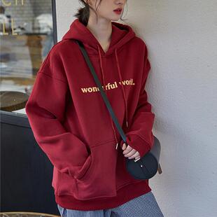 慵懒风bf连帽卫衣女加绒加厚2024秋冬新款韩版学生宽松套头外套潮