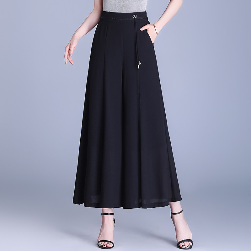 特尔美黑色雪纺裙裤阔腿裤女夏季薄款新款高腰垂感宽松小个子九分