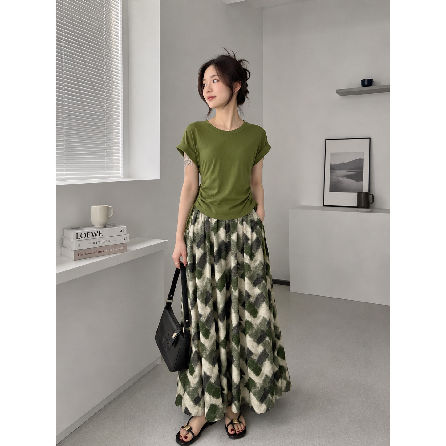 特尔美夏装清新抽皱短袖T恤迷彩格子半身裙两件套女时尚套装裙搭