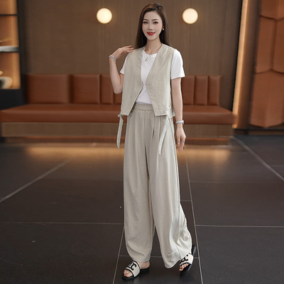 特尔美休闲套装女夏季气质系带马甲阔腿裤三件套搭配套装