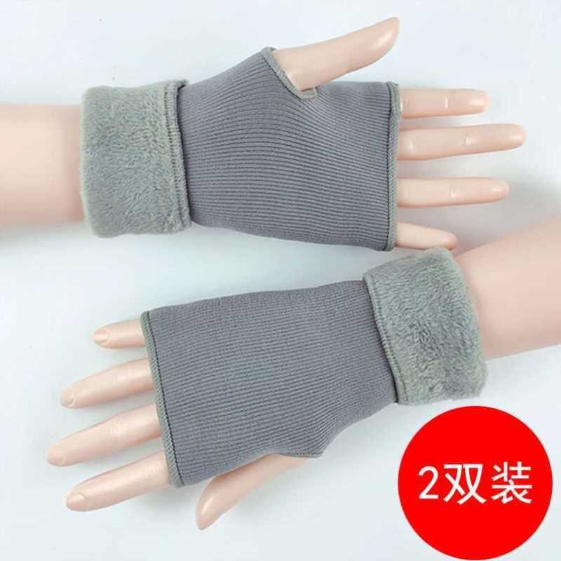手套冬季女生可爱露指毛线加绒保暖防寒学生写字半指翻盖手套简约