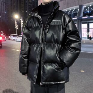 美式PU皮立领羽绒棉服男冬季新款宽松加厚保暖面包服情侣潮牌外套