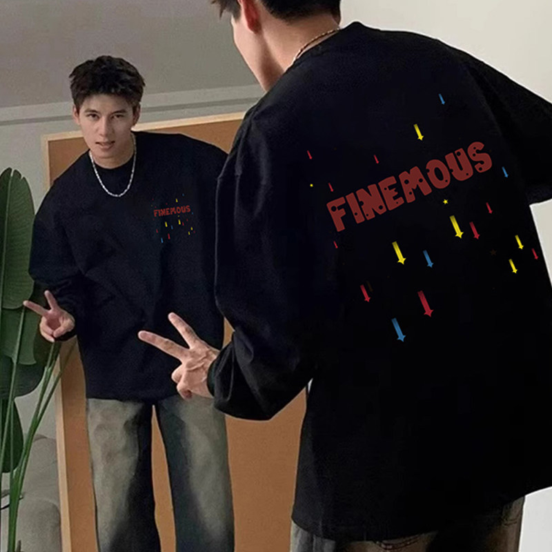 重磅大码黑色长袖t恤男秋冬新款高街复古宽松百搭打底衫内搭上衣