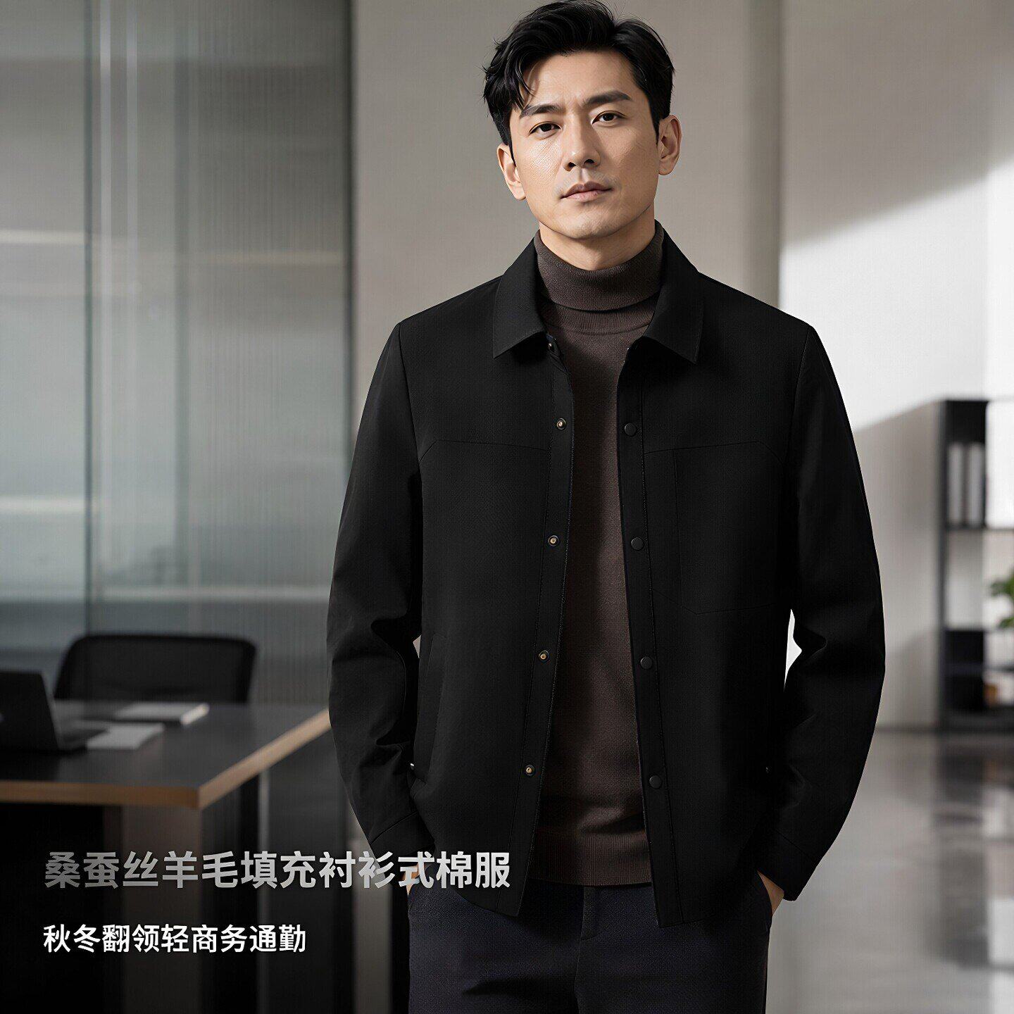 桑蚕丝羊毛填充衬衫式棉服男士秋冬通勤休闲翻领夹棉夹克爸爸男装