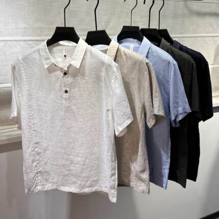 纯亚麻翻领Polo衫短袖T恤宽松休闲麻布男100%全麻料夏装老钱风潮t