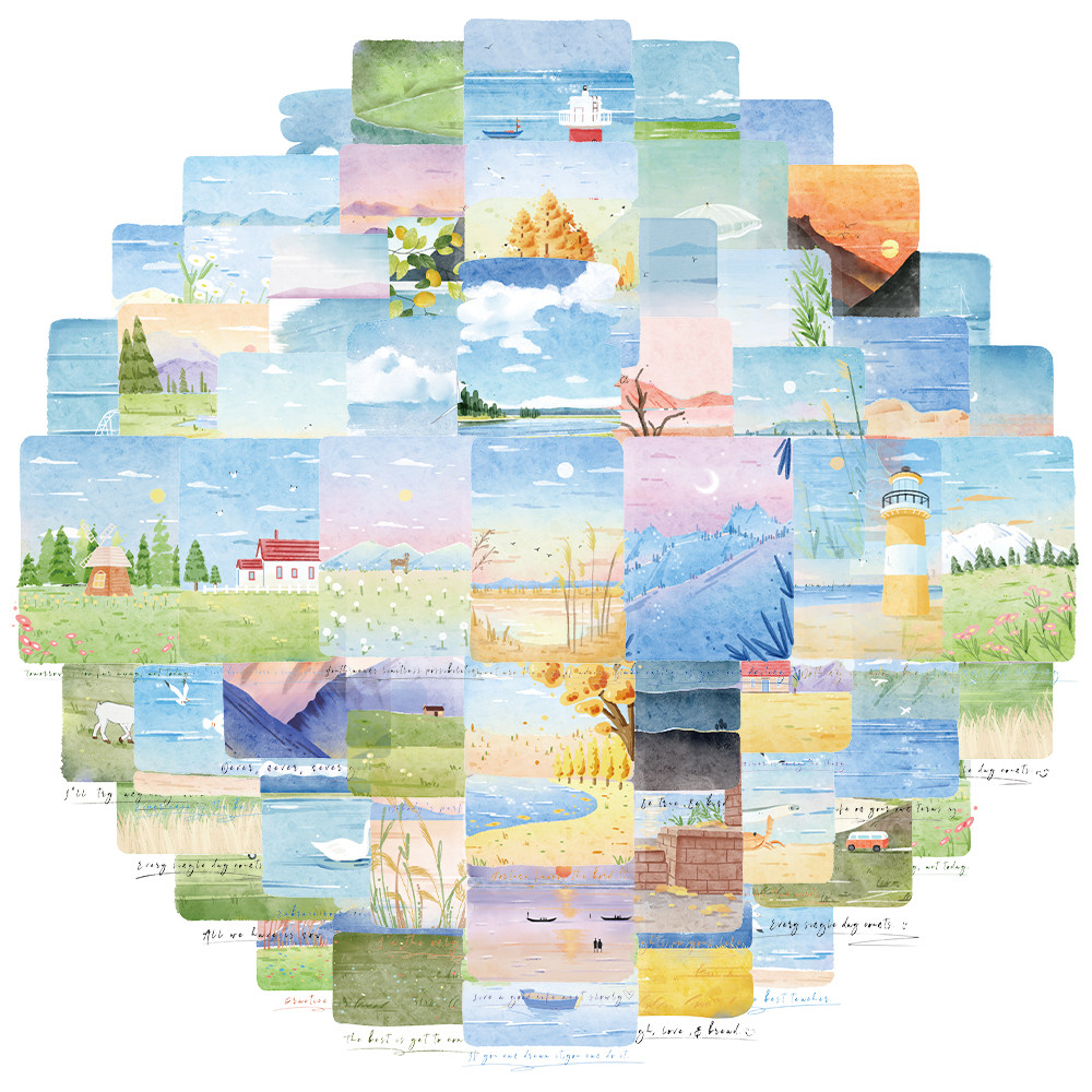 50张/套创意山和海PET透明材质贴画DIY笔记本个性装饰素材贴纸,文具电教/文化用品/商务用品,贴纸/立体贴纸,淘宝优惠券,粉丝福利购,淘宝优惠卷