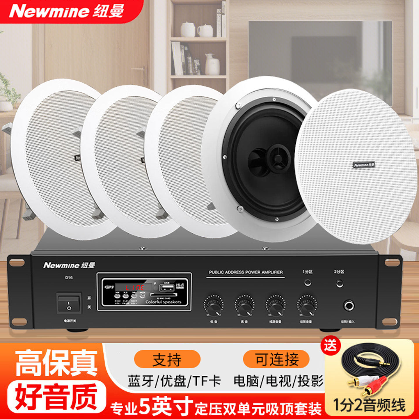 纽曼ND-15吸顶音响5寸双单元客厅天花吊顶嵌入式店铺专用背景音箱