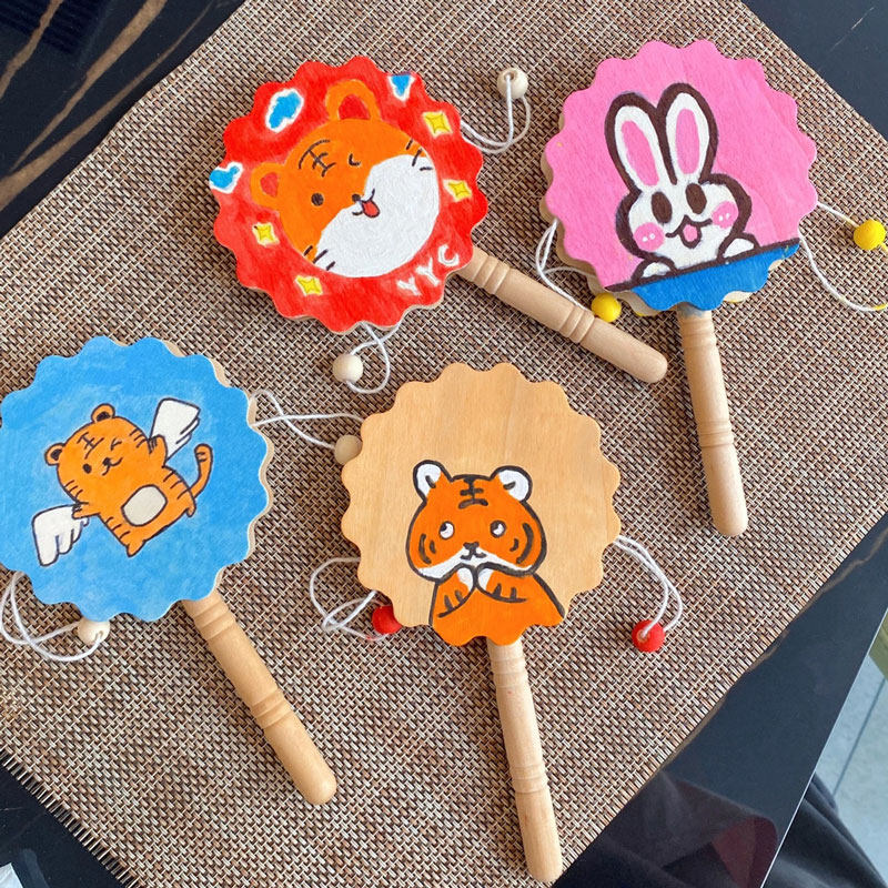 diy拨浪鼓手绘手工材料传统木质涂鸦手摇乐器送宝宝礼物儿童玩具