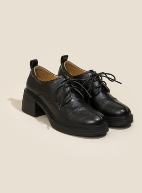 羊皮版~复古高跟乐福鞋女系带真皮黑色小皮鞋小个子粗跟单鞋