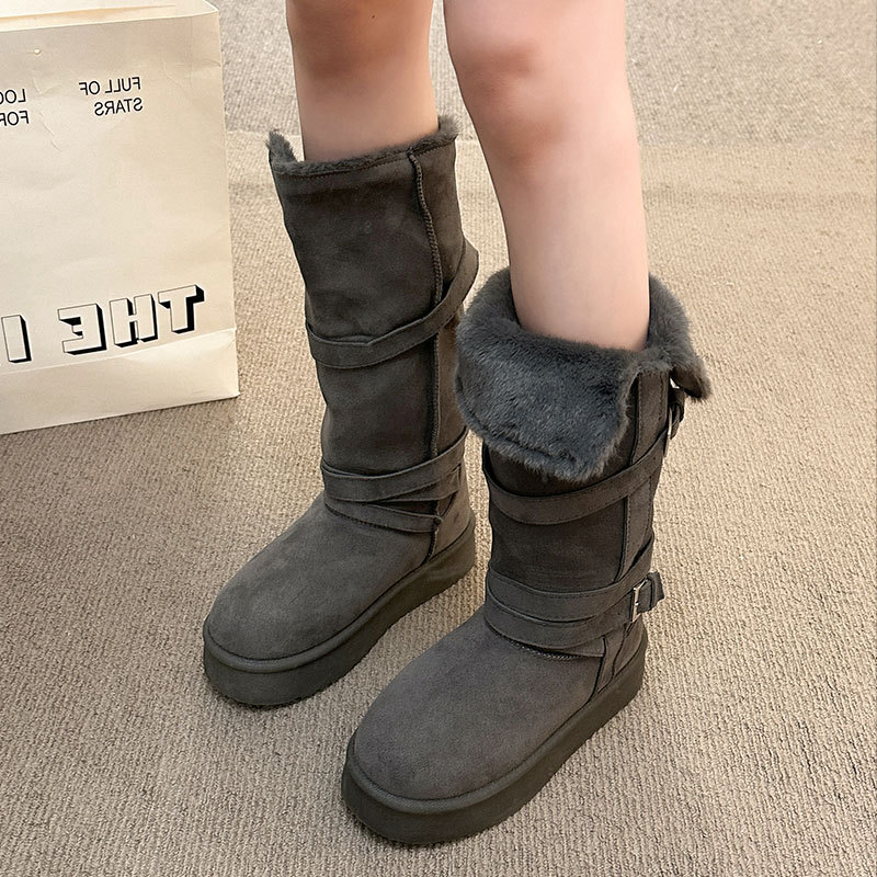 加绒加厚保暖东北棉鞋女2025冬新款小个子厚底灰色长筒雪地靴