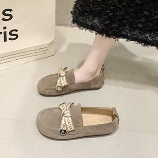 豆豆女鞋2025新款平底一脚蹬蝴蝶结懒人复古休闲软底鞋配裙子单鞋