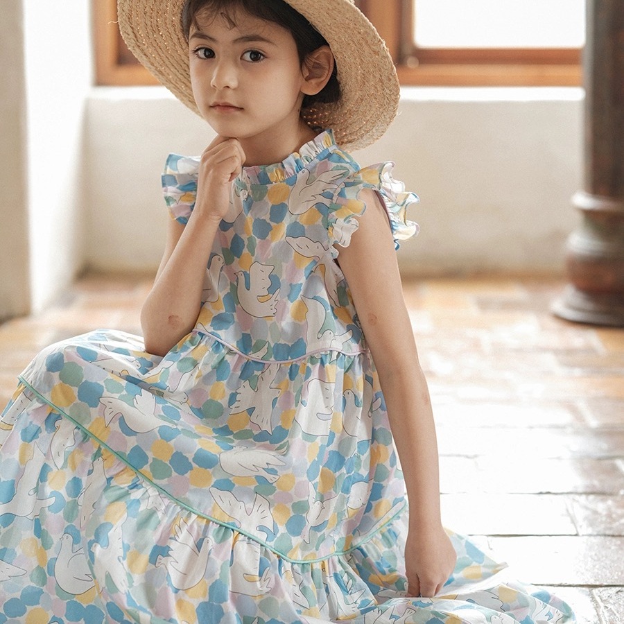 童趣简约100s长绒棉轻薄薄荷绿服装连衣裙印花布料面料格圆点鸽23