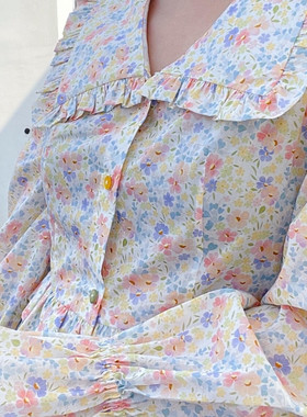 100s长绒棉轻薄全棉服装裙子花卉水彩手绘印花布料面料甜心花蓝色