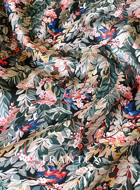 天冉艺纺60支全棉府绸纯棉森系复古印花时装布料面料柳叶梅花鸟