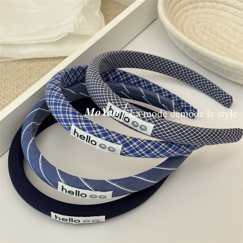 新款藏蓝色系字母标发箍女高级感气质高颅顶细款海绵头箍百搭发卡