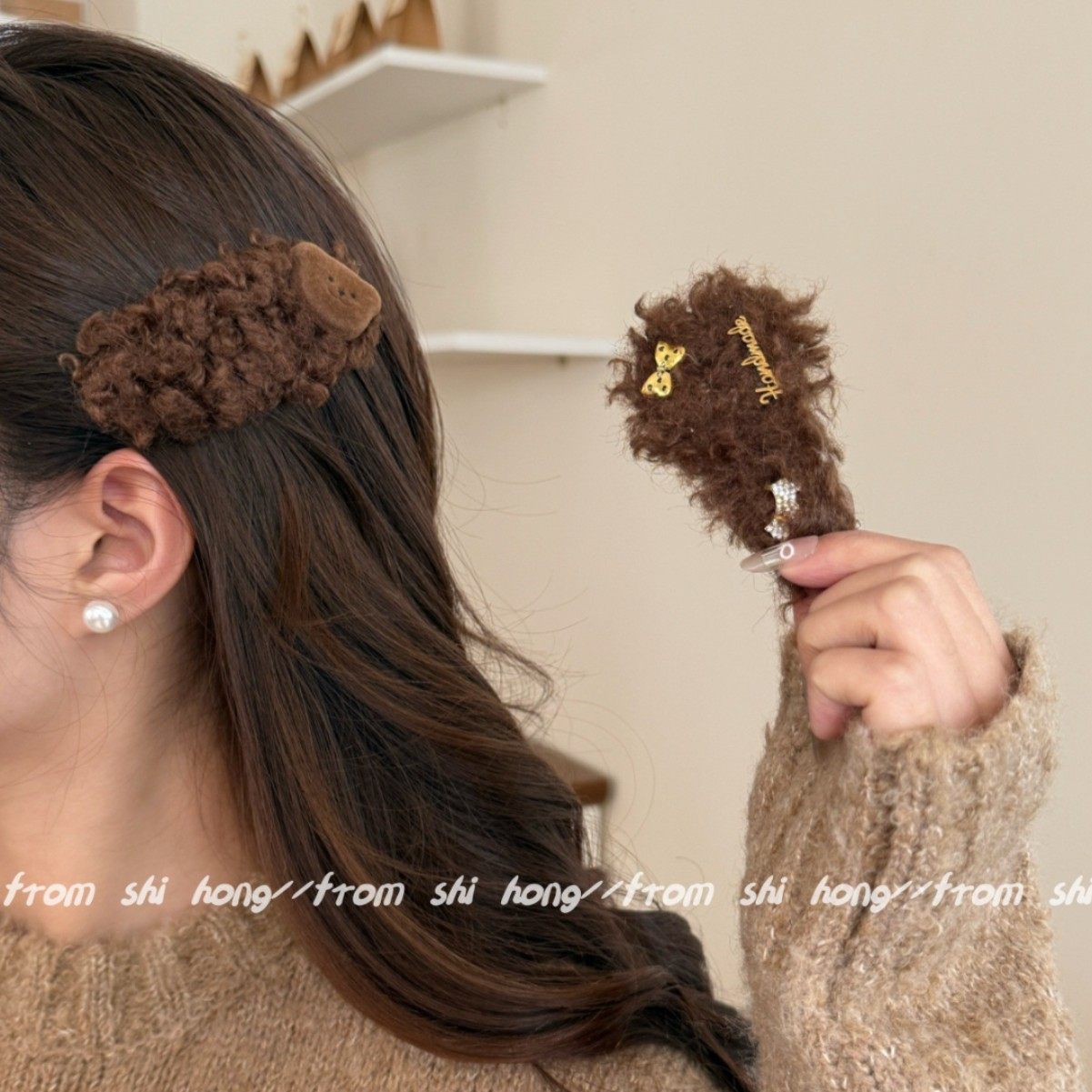 韩国东大门秋冬闪钻蝴蝶结小狗毛绒发夹时尚气质百搭刘海碎发BB夹