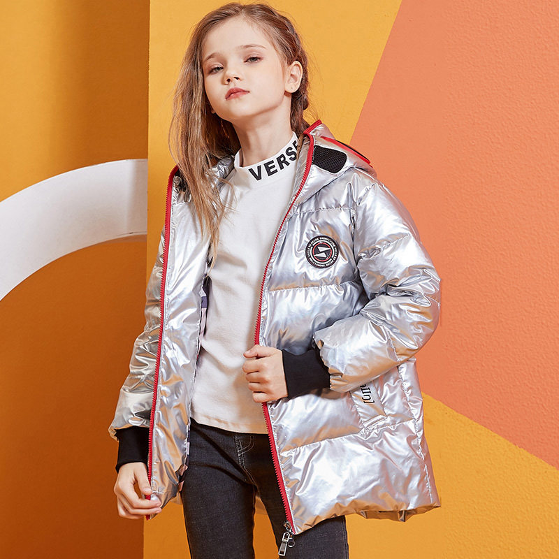 7160断码男童小童外套女童90白鸭绒中长款pu皮亮面免洗儿童羽绒服