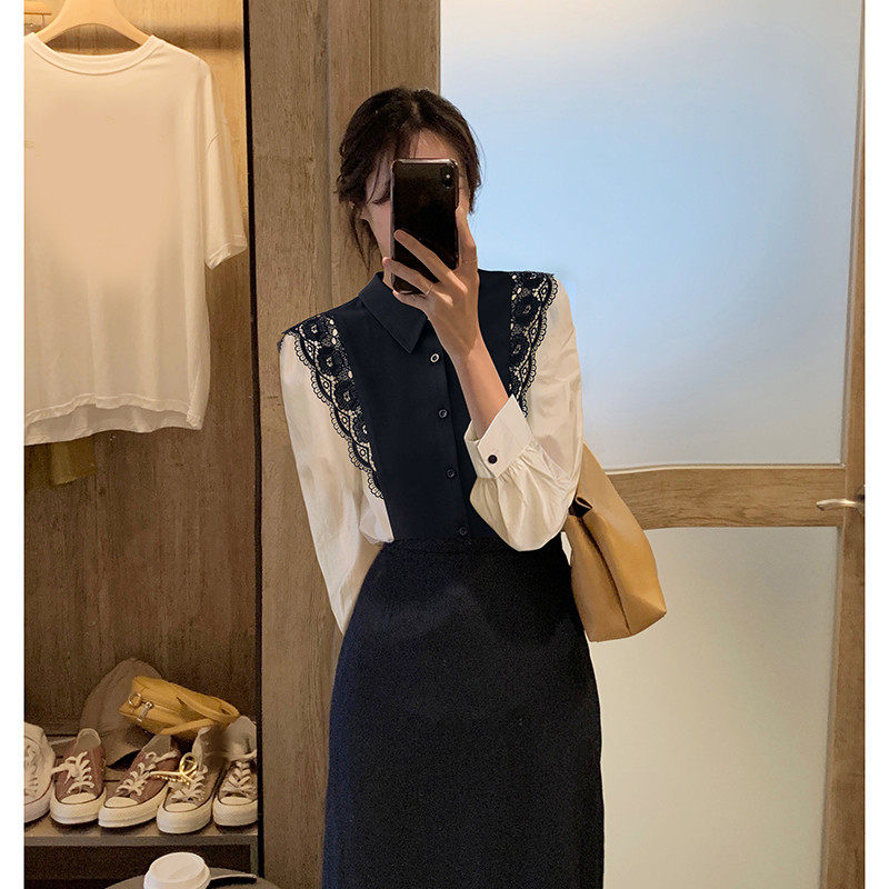 黑色蕾丝衬衫女POLO领长袖2021秋季新款小众拼接开衫宽松显瘦小衫