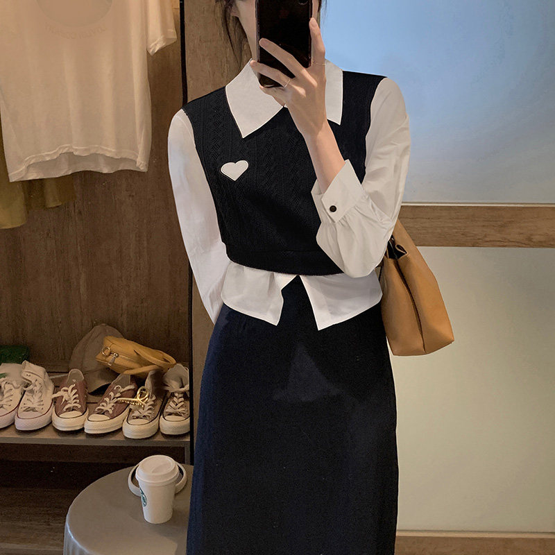 黑色假两件衬衫女长袖POLO领2021秋季新款爱心印花休闲时尚小衫