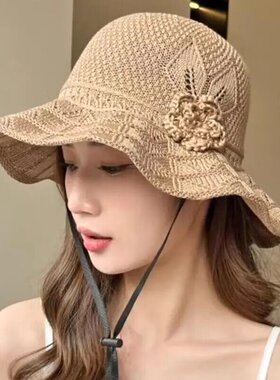花朵遮阳帽子女夏季新款镂空时尚网红百搭太阳帽透气遮脸防晒盆帽
