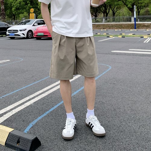 卡其打褶垂感直筒休闲五分裤夏季
