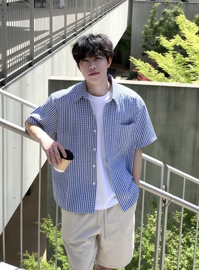 SUNSET 基础蓝色格子短袖衬衫男夏季复古百搭宽松休闲衬衣