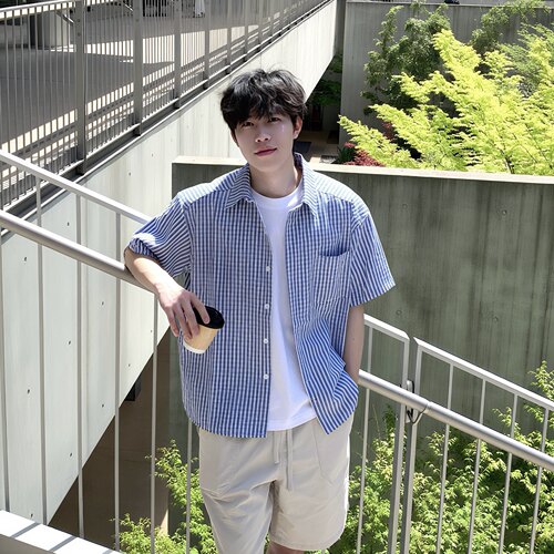 复古蓝色格子短袖衬衫男生夏季