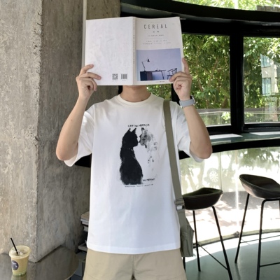简约影子猫咪印花短袖T恤男夏季