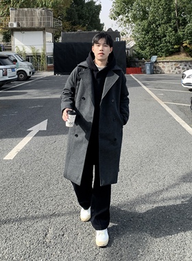 灰色中长款韩版毛呢大衣男生冬季2025新款加厚过膝宽松休闲棉外套