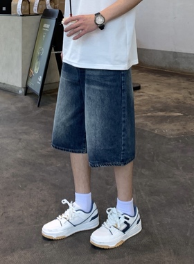 SUNSET 复古水洗做旧蓝色牛仔短裤男2025夏季宽松直筒百搭七分裤