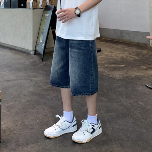复古做旧蓝色直筒牛仔七分裤夏季