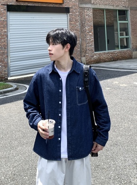 SUNSET 蓝色口袋牛仔长袖衬衫2025秋季新款简约百搭宽松休闲衬衣