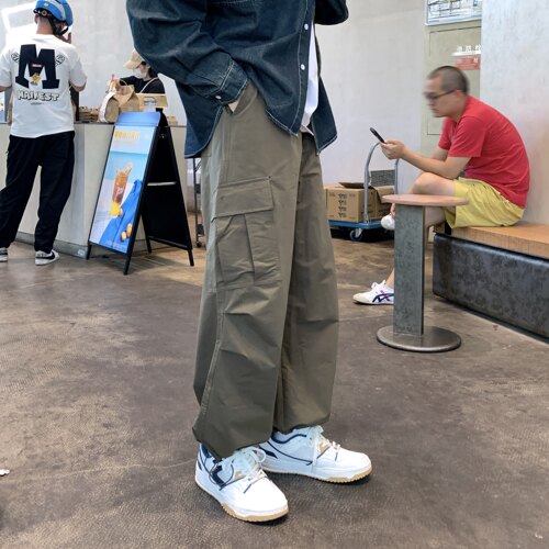 咖色松紧腰抽绳工装休闲长裤男生