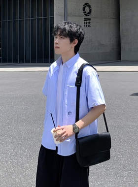 SUNSET 复古蓝色竖条纹翻领短袖衬衫2025夏季休闲慵懒半袖衬衣