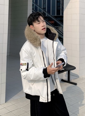 白色可拆卸毛领工装连帽派克棉服男生冬季新款防寒保暖休闲外套潮