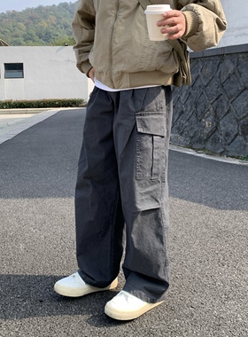 灰色大口袋抽绳阔腿工装裤男生春秋2025新款全棉宽松百搭休闲长裤