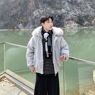 麻灰毛领连帽短款棉服外套男生冬季宽松加厚保暖毛呢棉衣2025新款