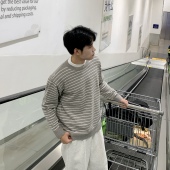 SUNSET 灰色条纹针织圆领毛衣男生2025秋冬季 慵懒百搭套头上衣