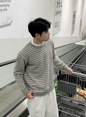 SUNSET 灰色条纹针织圆领毛衣男生2025秋冬季慵懒百搭套头上衣