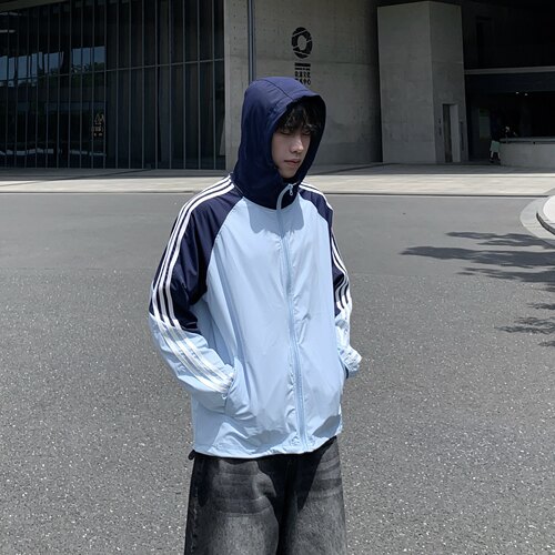 户外薄款撞色连帽防晒服夏季