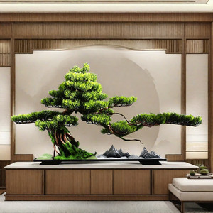 仿真迎客松假树绿植盆景中式客厅入户玄关办公室乔迁桌面装饰摆件