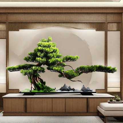 仿真迎客松实木绿植盆景装饰摆件客厅玄关酒店办公室桌面假树盆栽