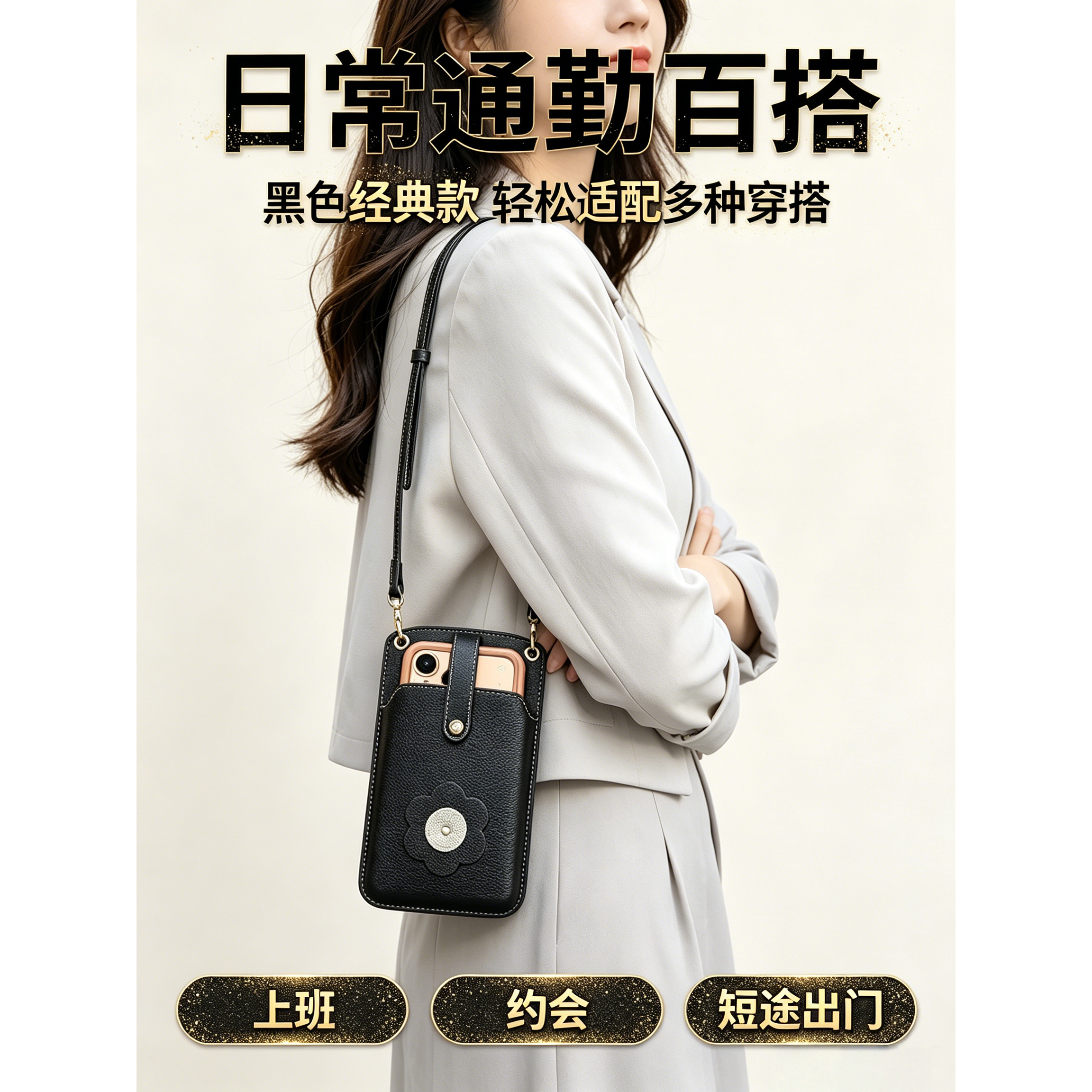 适用于苹果手机壳新款斜挎可背华为手机袋新品vivo便携手机包包带可爱花朵三星日常通勤小包oppo荔枝纹女卡包